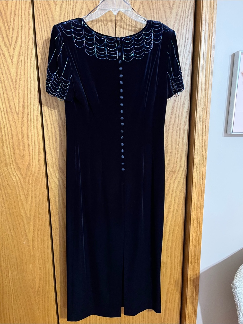 Donna Morgan Navy Velvet Gown with Beaded Scallop Accents - Picture 2 of 3
